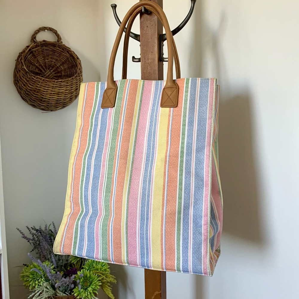 Vintage LL Bean Boardwalk Market Tote Striped Canvas Leather Handled Bag XL